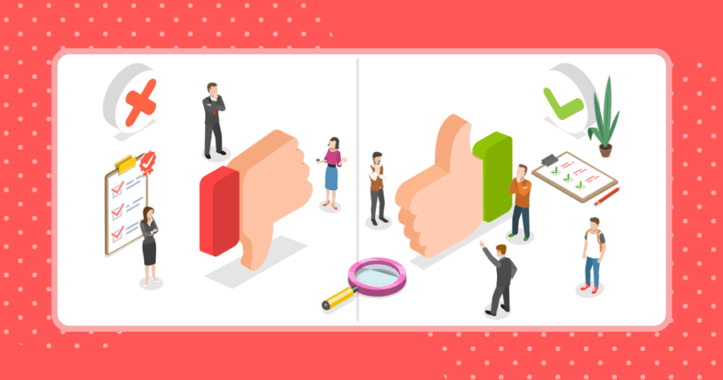 メリットとデメリットを左右に分けて、複数の人たちが議論、検討しているイメージイラスト