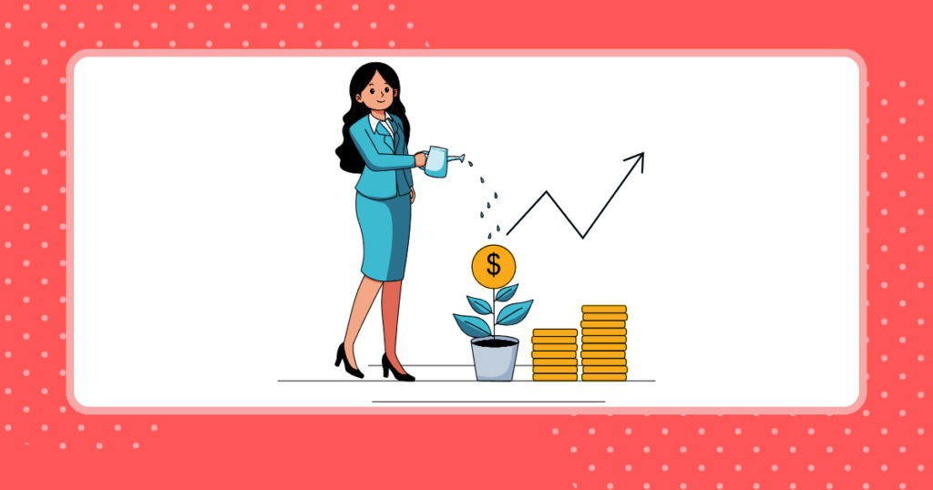 女性が水をかけてお金を育てているイメージイラスト