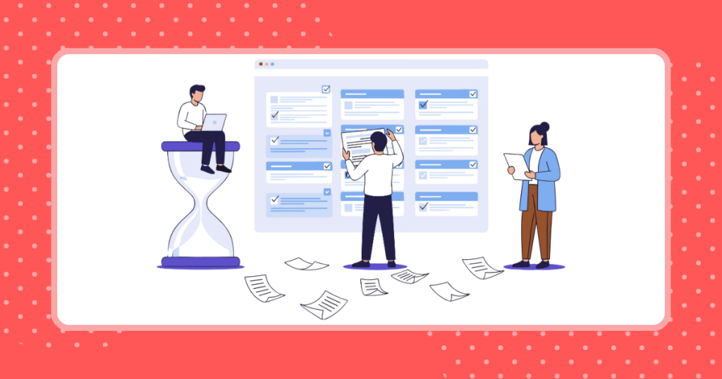 複数の人が協力して情報のチェックをしているイメージイラスト
