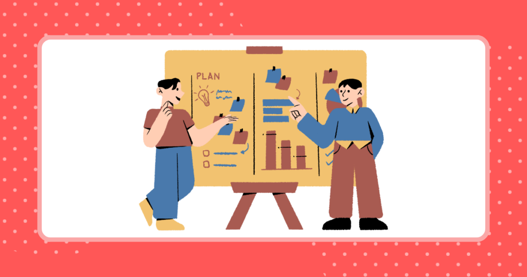 2人の人が黒板に書かれているプランを比較検討しているイメージイラスト