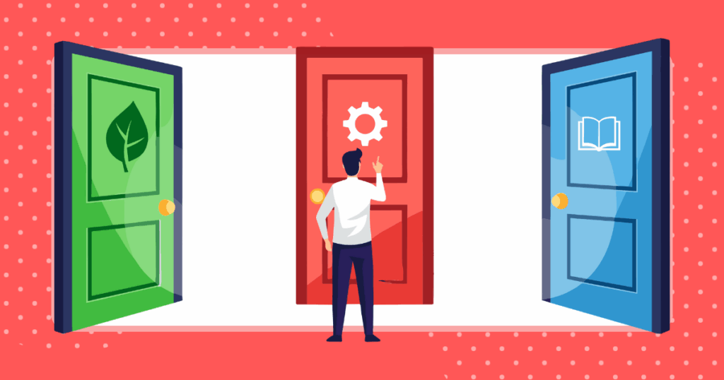 3つの扉から入る部屋を選んでいるイメージイラスト