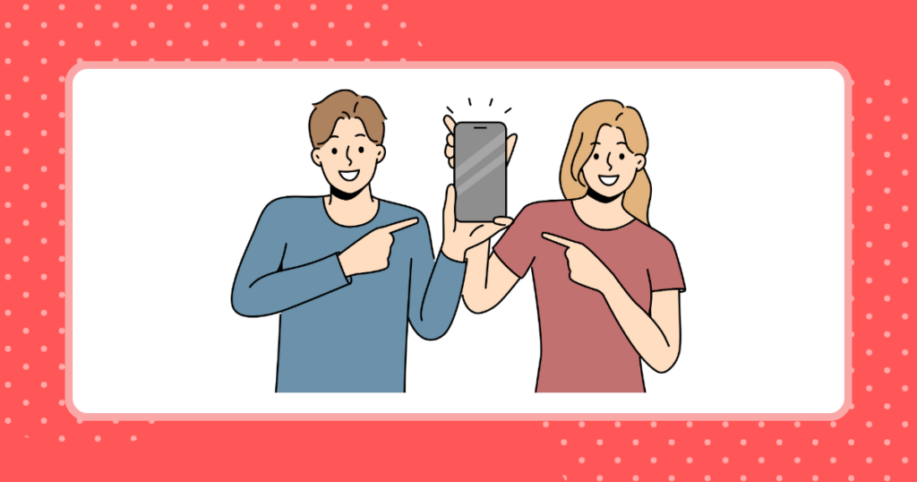 男女がスマホを手に持って笑顔で指差しをしているイメージイラスト