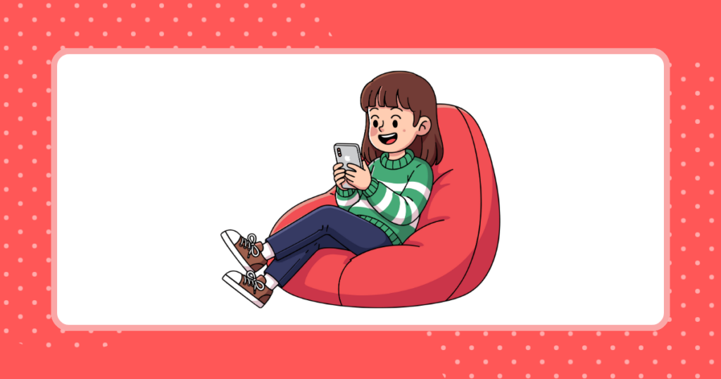 ソファーに座って笑顔でスマホを触っている若い女性のイメージイラスト