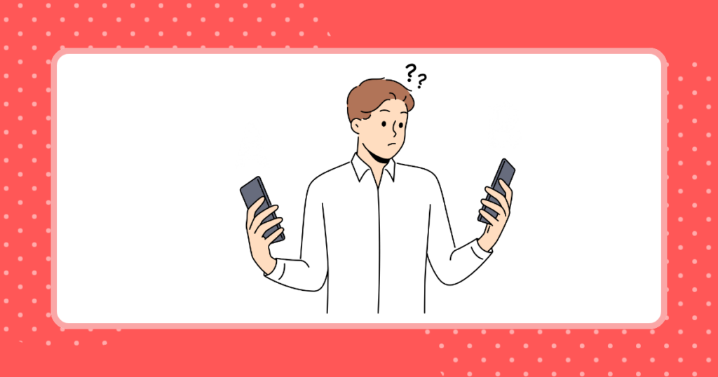 両手に持っている2つのスマホを比較している男性のイメージイラスト