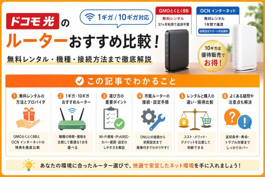 ドコモ光のルーターおすすめ比較！無料レンタル・10ギガ対応・接続方法まで解説の記事のポイントに関するオリジナルスライド