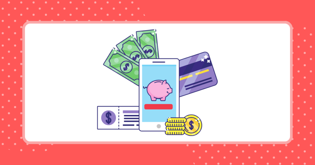 スマホの画面に貯金箱、クレジットカードや節約したお金のイメージイラスト