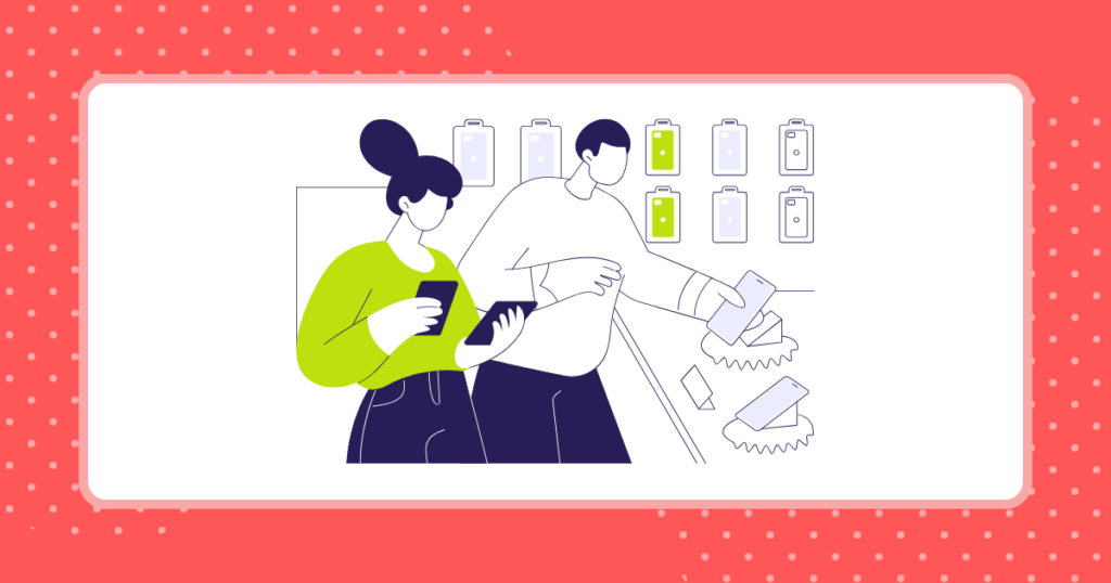 店頭でスマホを選んでいる男女のイメージイラスト
