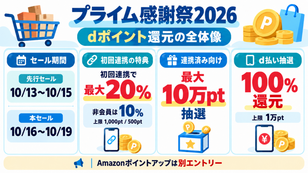 プライム感謝祭2026の開催日程とdポイント還元の全体像。初回連携で最大20%還元、連携済みなら最大10万ポイント抽選、d払いで100%還元抽選