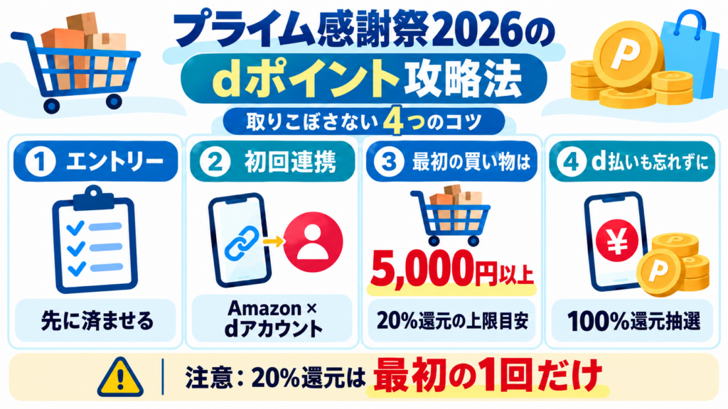 プライム感謝祭2026でdポイントを獲得する4つのコツ。エントリー、dアカウント初回連携、最初の5,000円以上の買い物、d払い抽選への参加